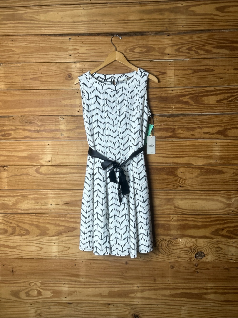 Haani White Chevron Midi Dress with Black Waist Tie